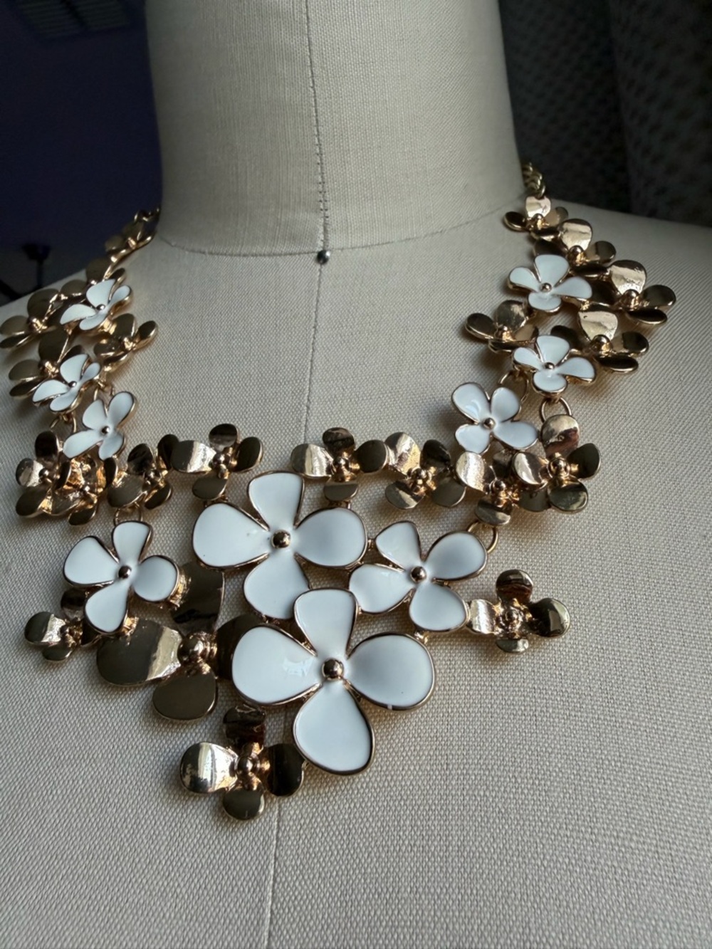 Fashion Elegant Gold & White Enameled Floral Bib 16” + 3” Extension Necklace - Picture 13 of 17
